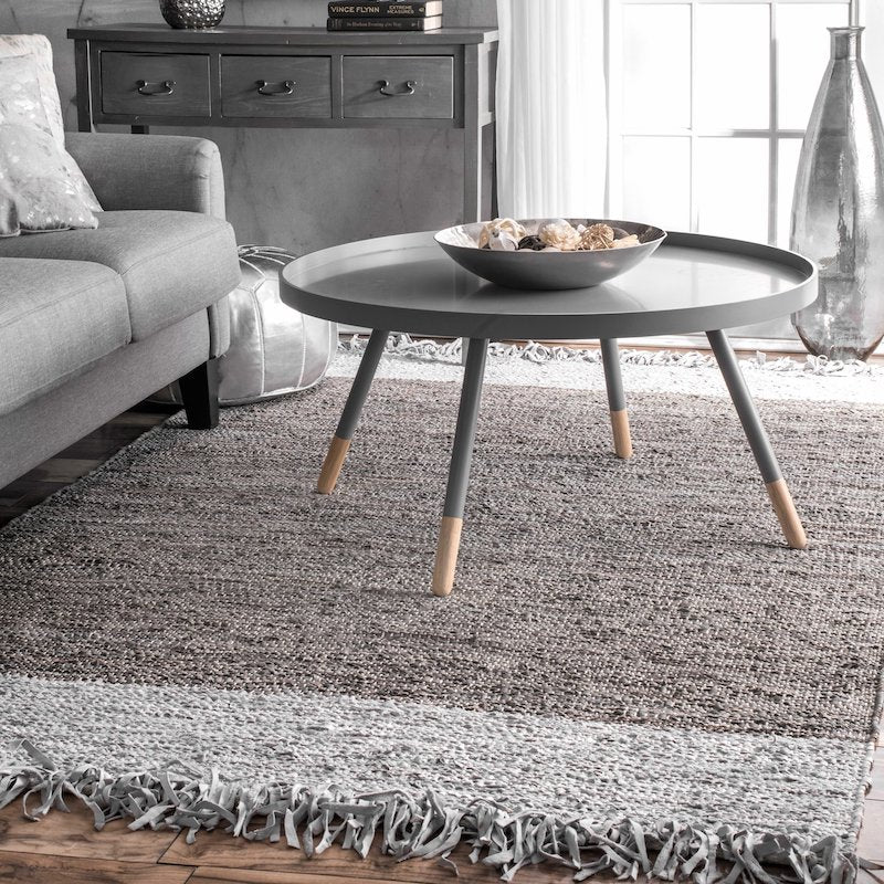 Grey Square Pattern Wool Rug with Frills