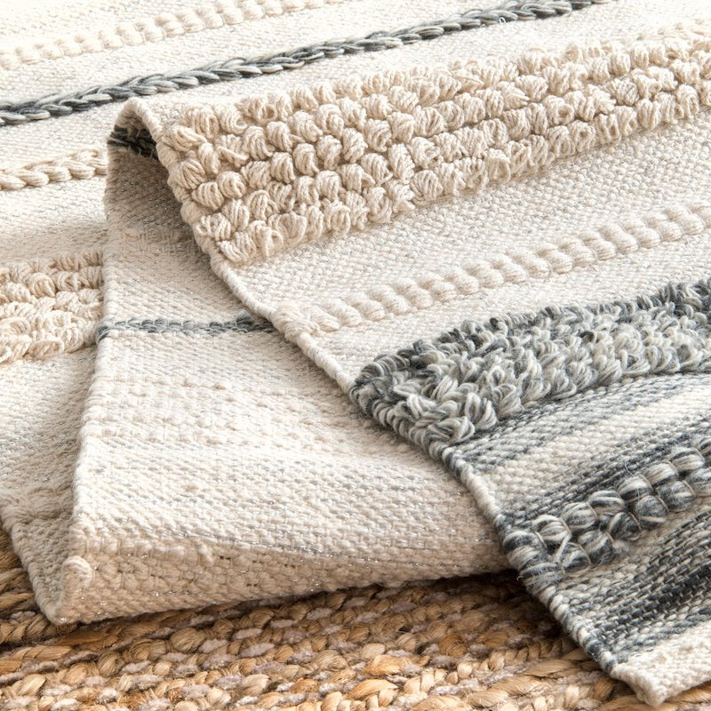 White & Olive Striped Handwoven Wool Rug
