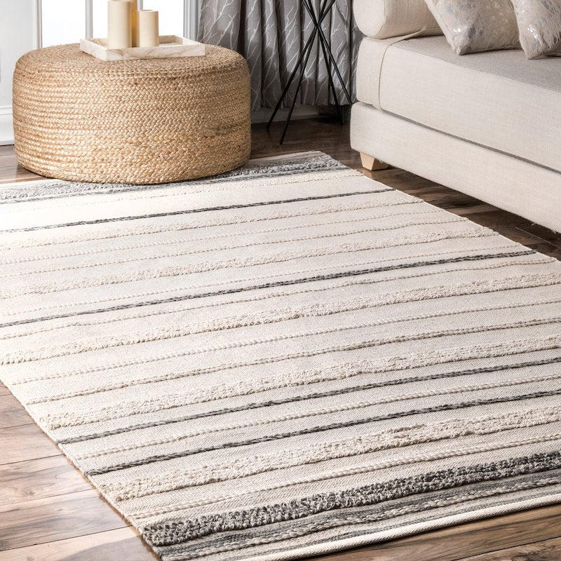 White & Olive Striped Handwoven Wool Rug