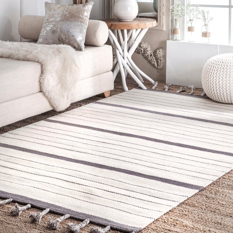 Striped Grey & White Handwoven Wool Rug with Frills