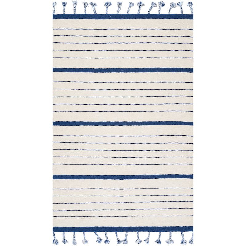 Striped White & Blue Handwoven Wool Rug with Frills