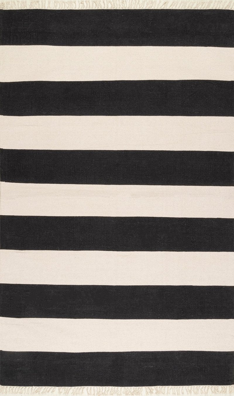Wide Stripe Black & Wide Handwoven Wool Rug
