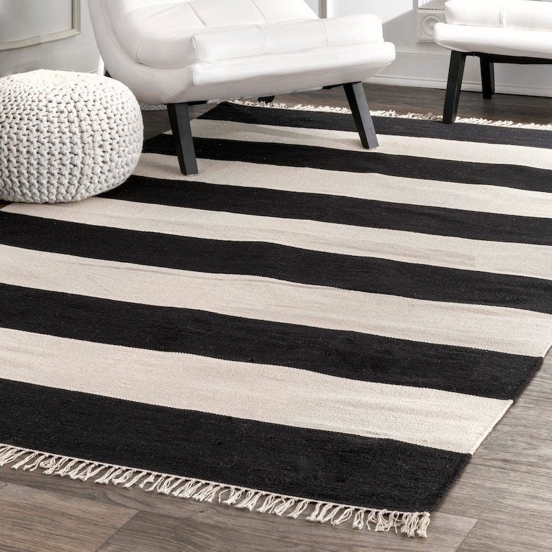 Wide Stripe Black & Wide Handwoven Wool Rug