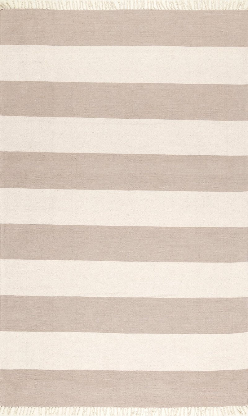 Wide Stripe White & Brown Handwoven Wool Rug