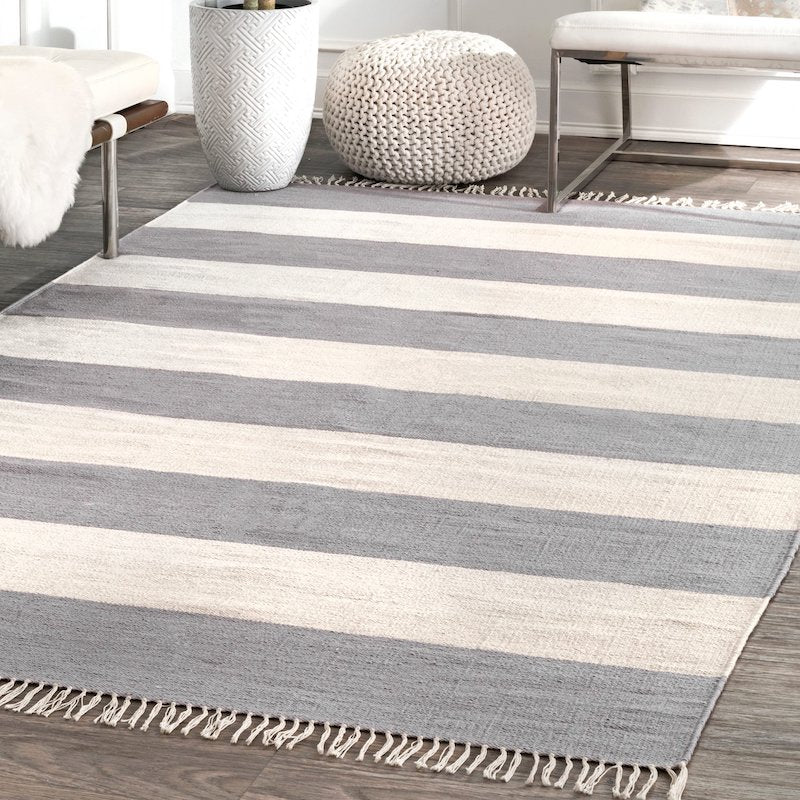 Striped Grey & White Handwoven Wool Rug