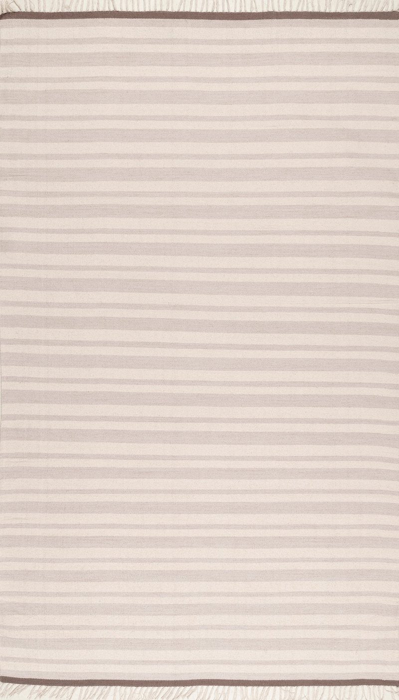 Striped White &Grey Wool Rug with Frills
