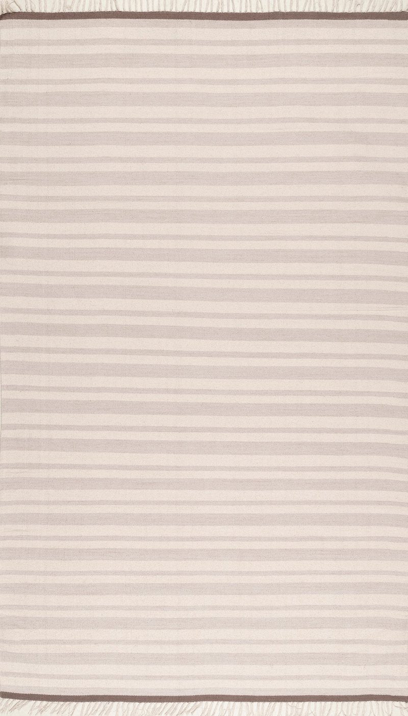 Striped White &Grey Wool Rug with Frills