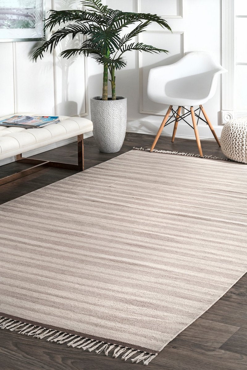 Striped White &Grey Wool Rug with Frills