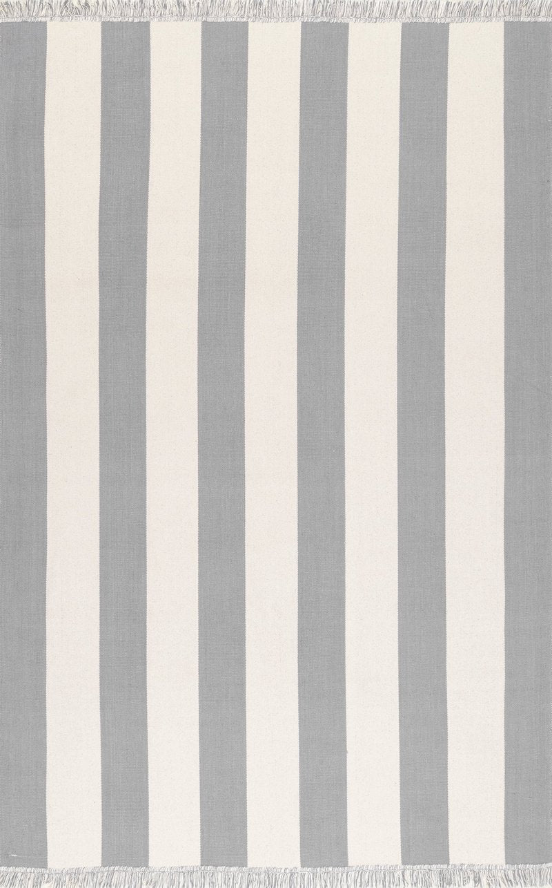 White & Grey Linear Striped Handwoven Wool Rug