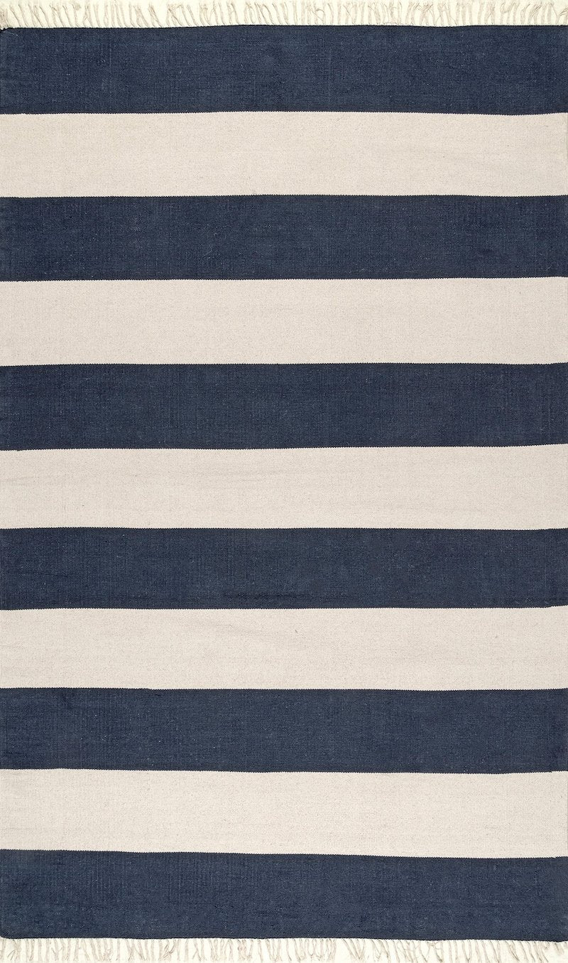 Blue & White Transverse Stripe Wool Rug