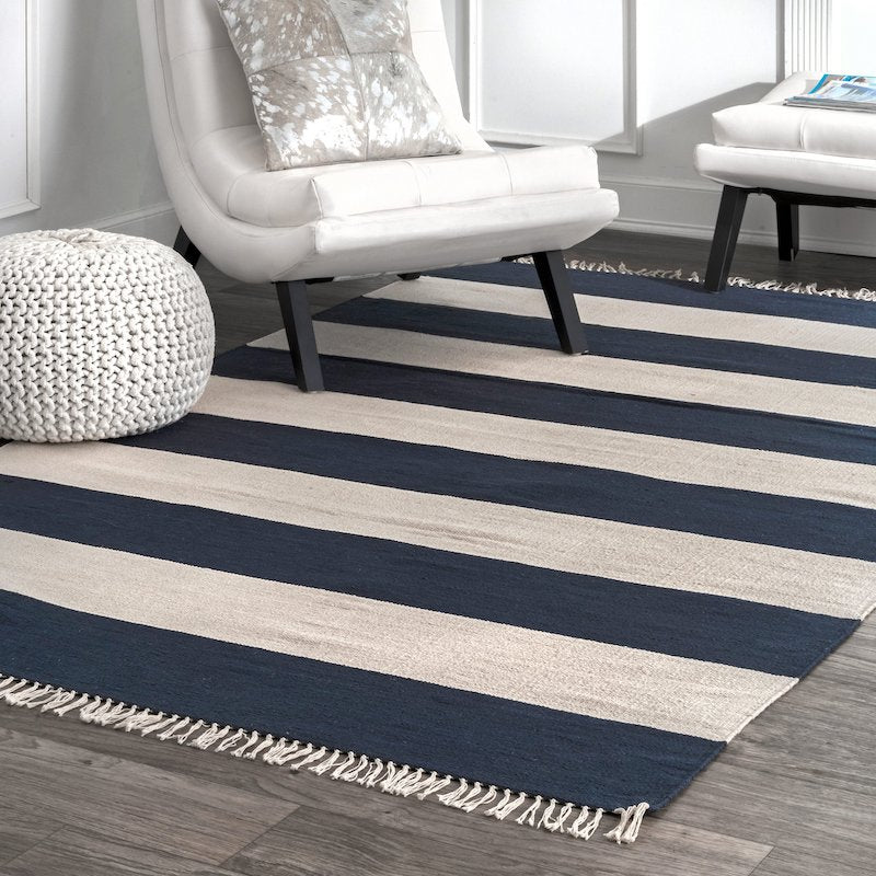 Blue & White Transverse Stripe Wool Rug