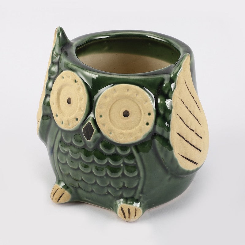 Green Owl Shaped Textured Ceramic Planter